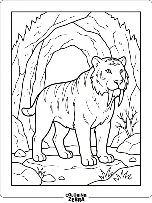 A saber tooth tiger standing at a cave entrance