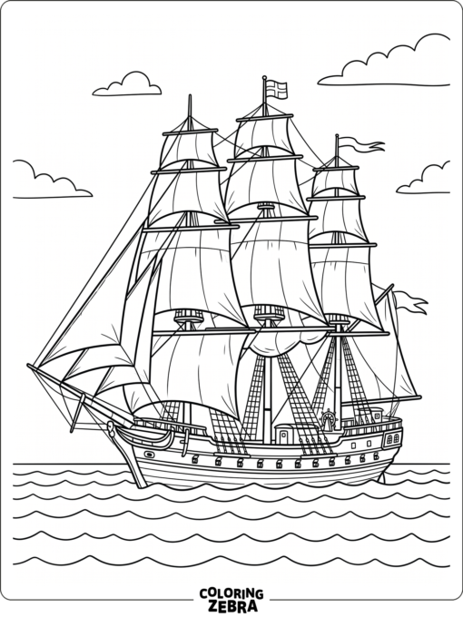 A sailing ship with tall masts and billowing sails on gentle water