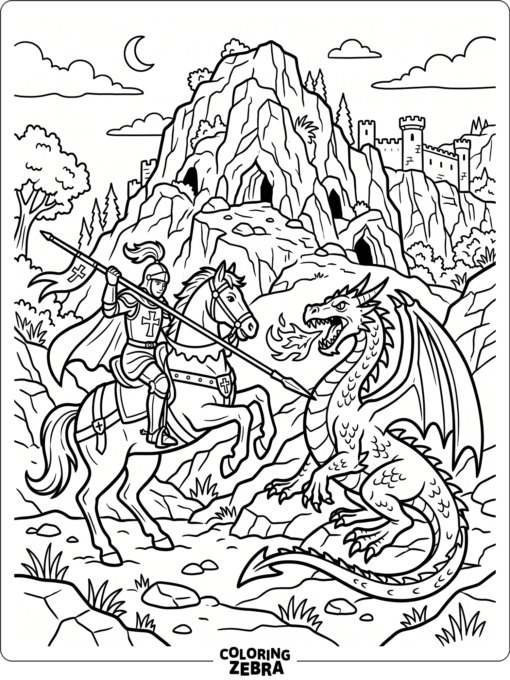 Saint George on horseback facing a dragon