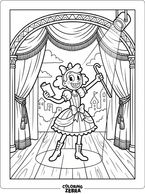 Sally Stageplay on a theater stage with curtains