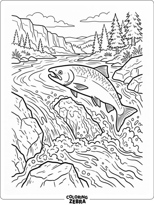 A salmon swimming upstream past rocks and water foam