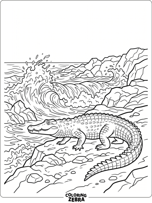 A saltwater crocodile beside waves and rocks