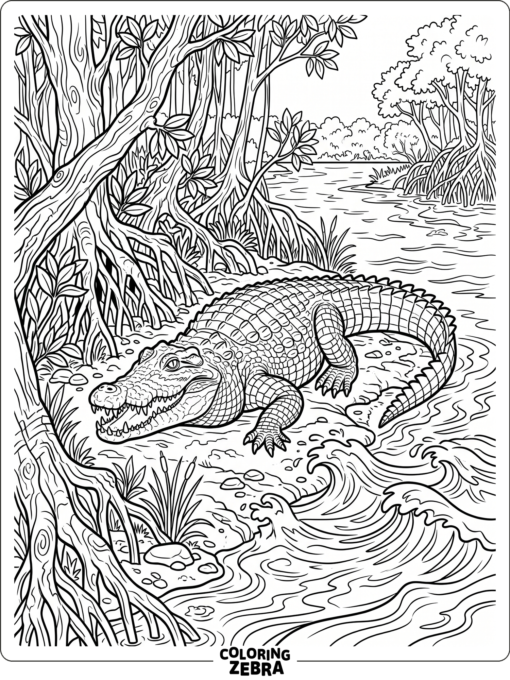 A saltwater crocodile resting by mangrove roots
