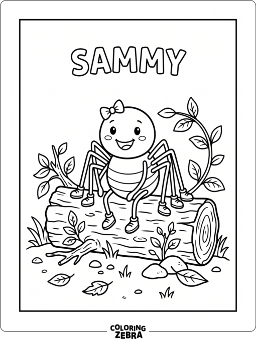 A smiling spider named Sammy sitting on a log