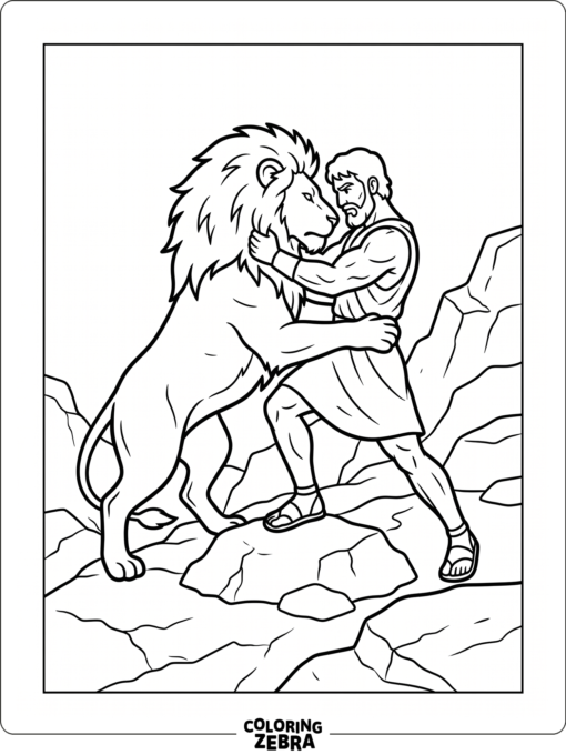 A man wrestling a lion on rocky ground