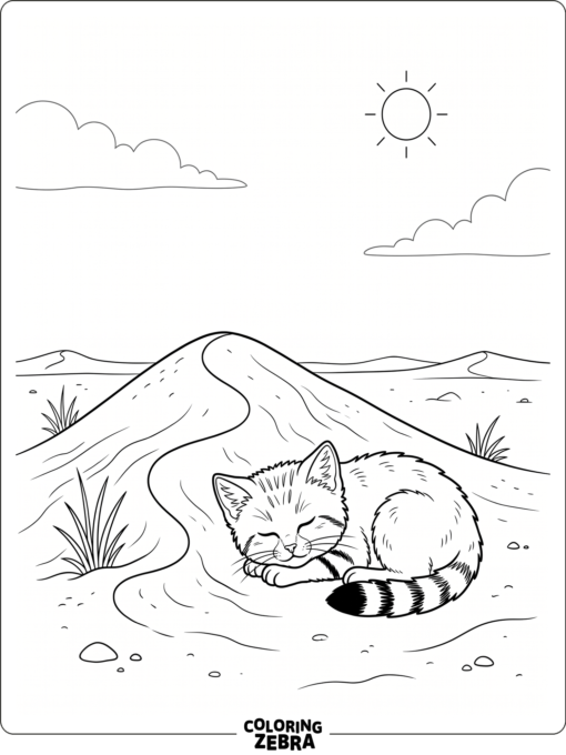 A sand cat resting by a dune