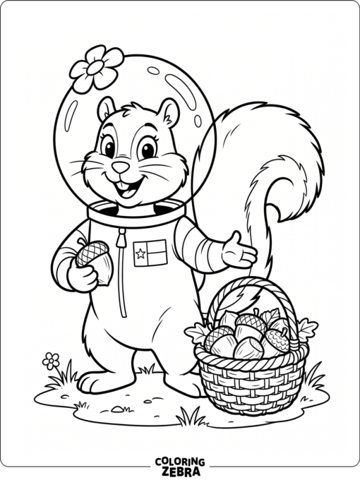 Sandy the squirrel with a basket of nuts