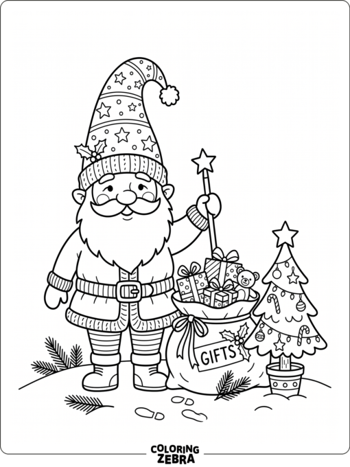 A Santa gnome carrying a sack and standing near a small tree