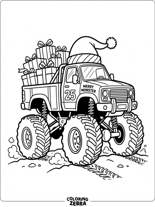 Monster truck wearing a Santa hat with gifts in back