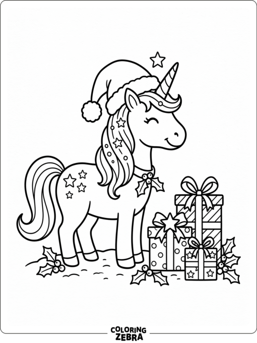 A unicorn in a Santa hat with presents