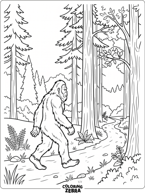 A sasquatch walks along a forest trail with bold outlines and an uncluttered background.