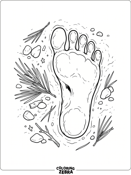 A sasquatch footprint rests beside pine needles and stones in a clean forest setting.