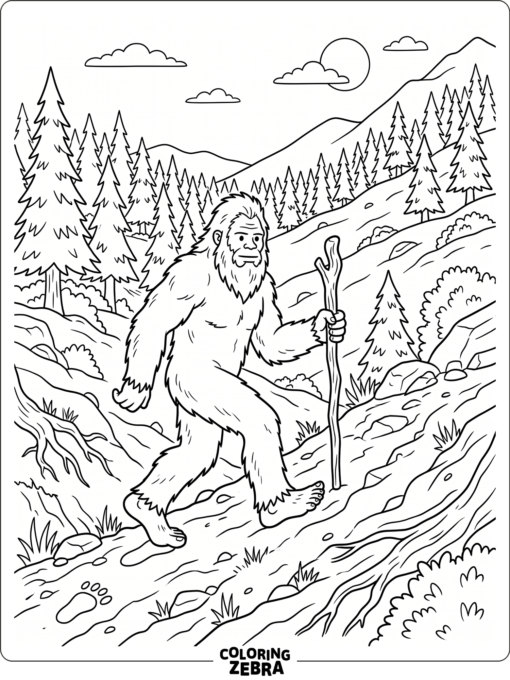 A sasquatch hikes uphill with a walking stick and pine trees along the path.