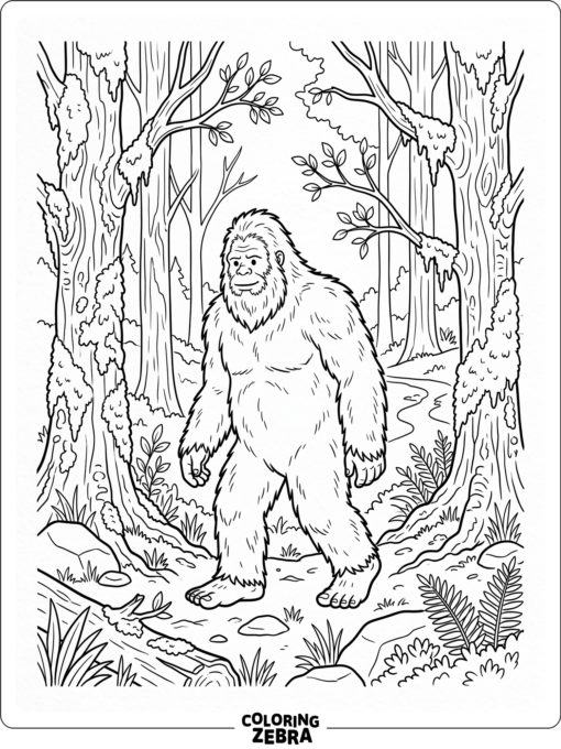 A sasquatch stands near mossy trees in a quiet clearing with simple ground details.