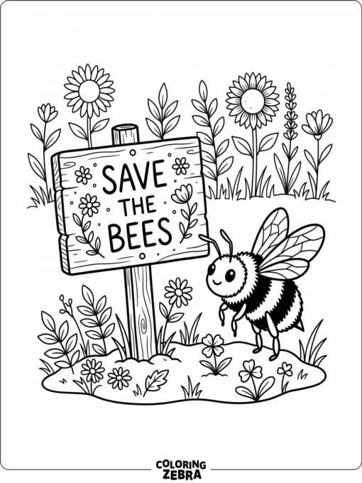 A bee beside a save the bees sign