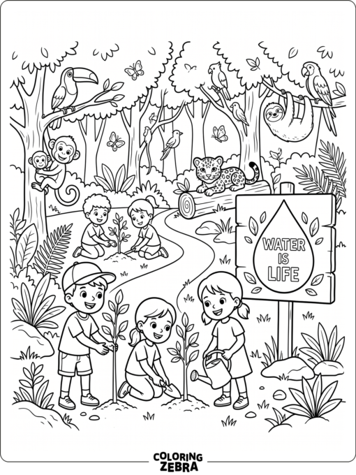 Kids planting trees to help save the rainforest