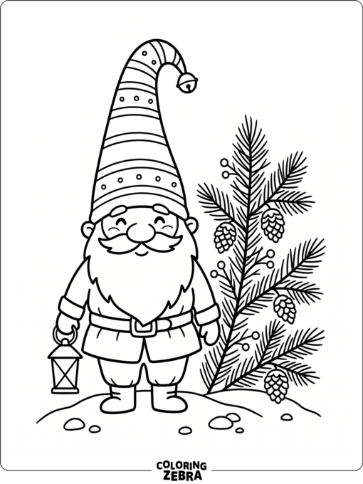A Scandinavian gnome with a tall hat near pine branches