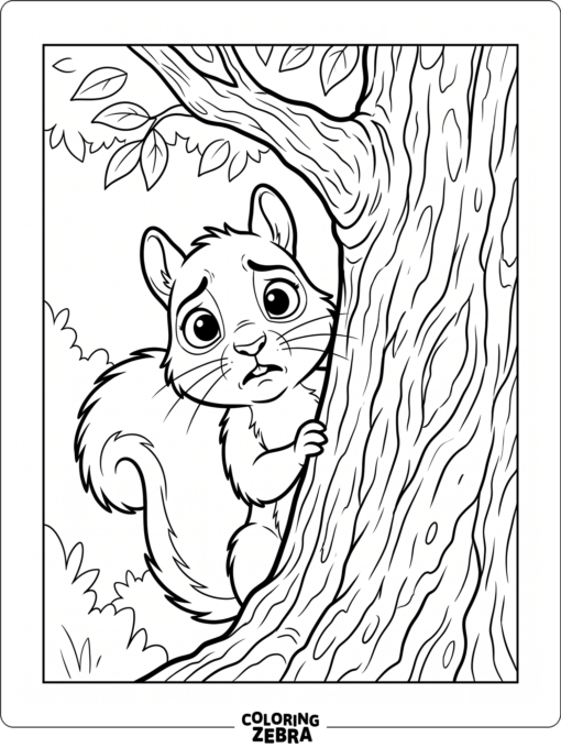 A nervous squirrel peeks from behind a tree