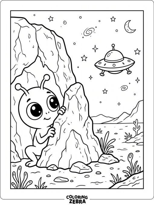 A spooky alien peeking from behind a rock