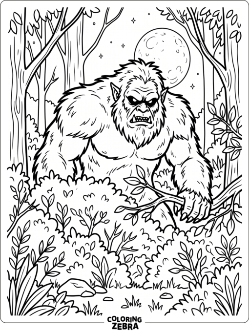 A scary bigfoot looms behind bushes with a full moon and bold outlines.