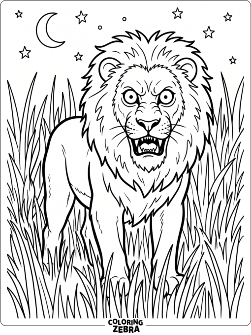 A scary lion with wide eyes in dark grass