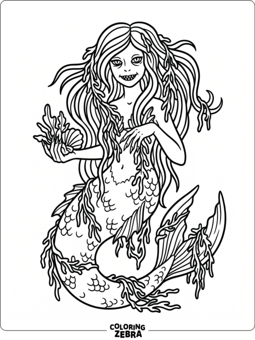 A scary mermaid with sharp teeth and seaweed