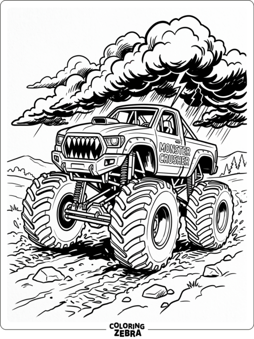 A fierce monster truck with huge tires and a bold front grille