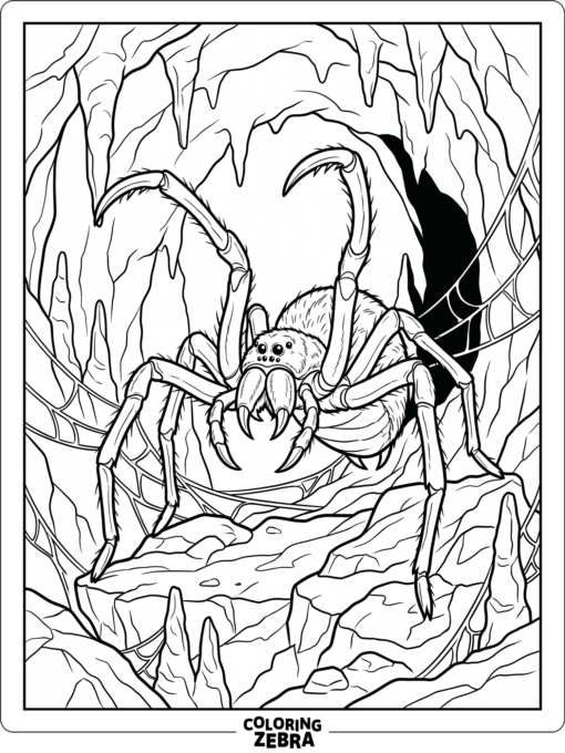 A scary spider with raised legs in a cave