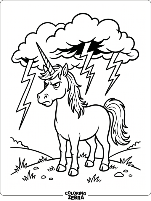 A grumpy unicorn under storm clouds