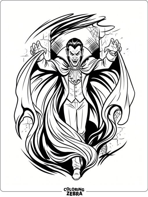 A spooky vampire with sharp fangs and a cape