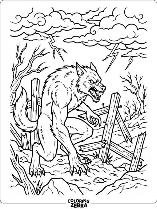 A snarling werewolf crouched by broken fence posts