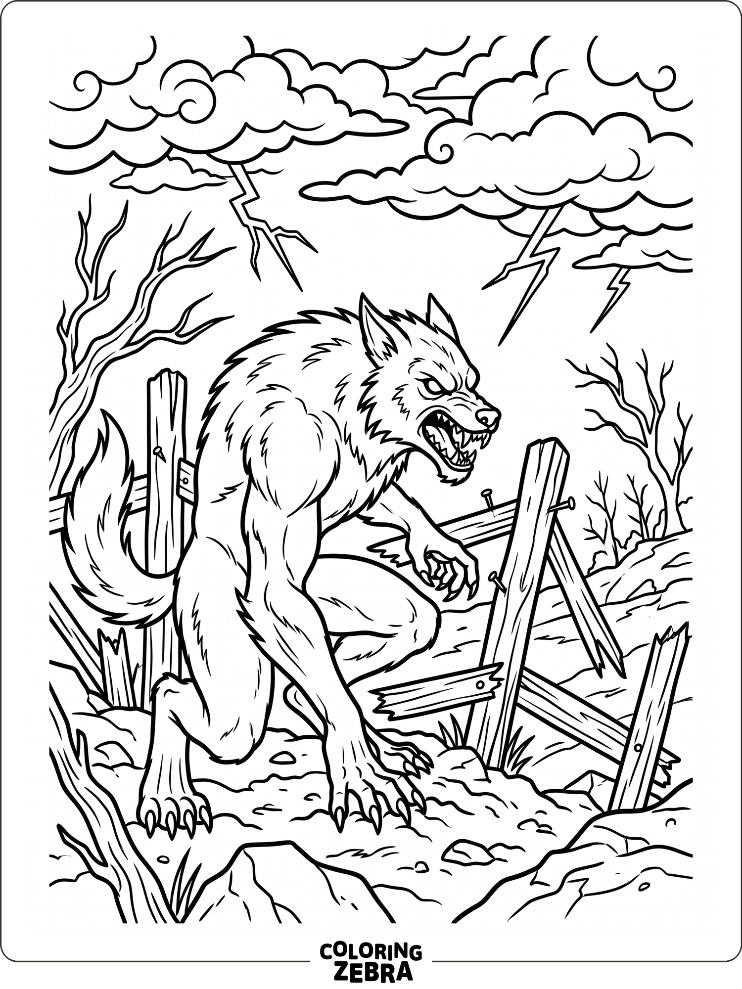 A snarling werewolf crouched by broken fence posts