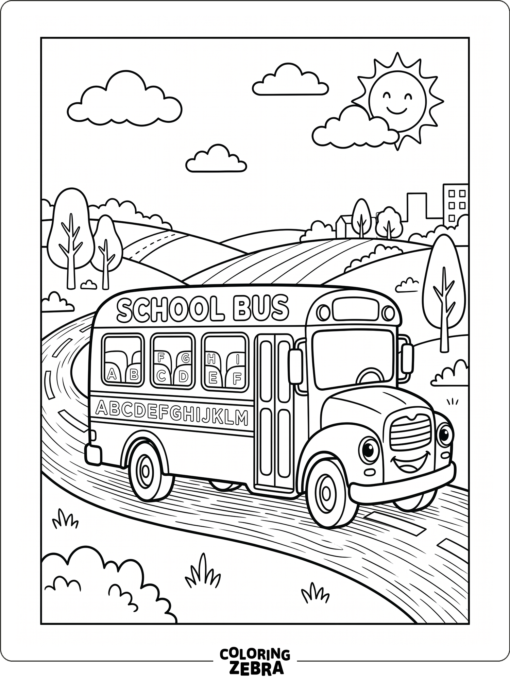 A school bus with alphabet letters on the windows