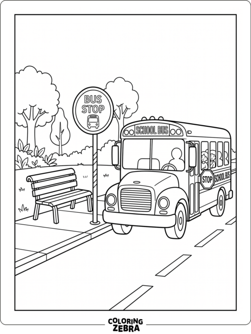 A school bus stopped at a bus stop