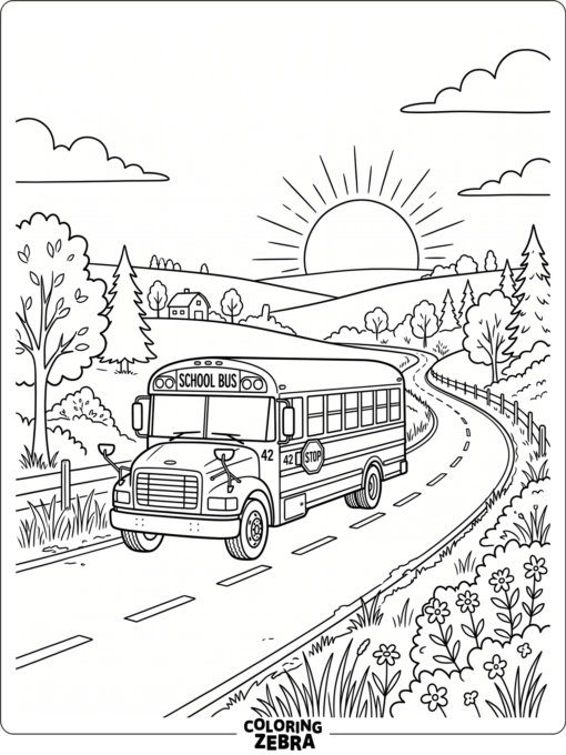 A school bus at sunrise on a quiet road