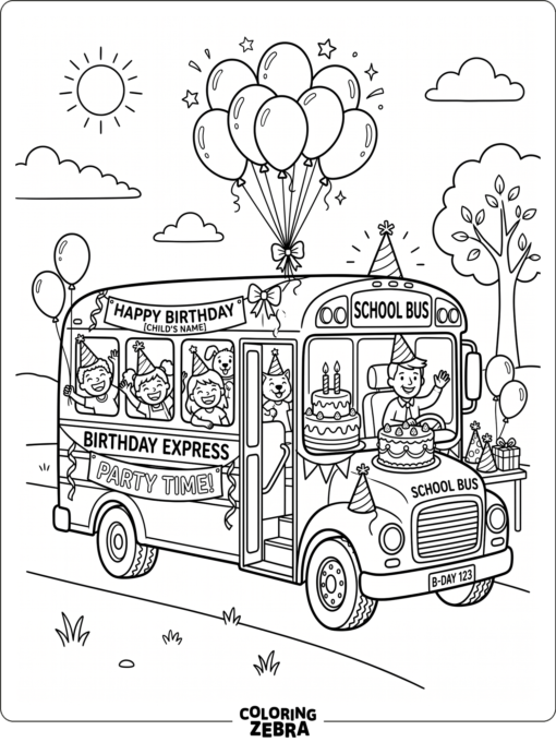 A school bus decorated for a birthday with balloons