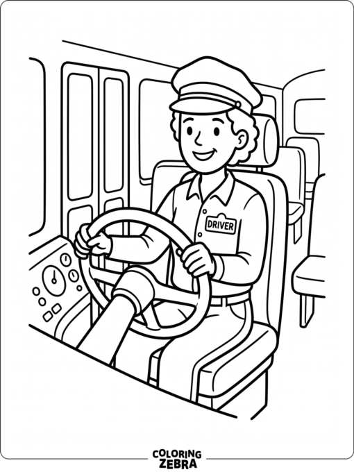 A bus driver sitting behind the wheel