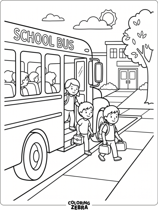 A school bus dropping off kids on the sidewalk