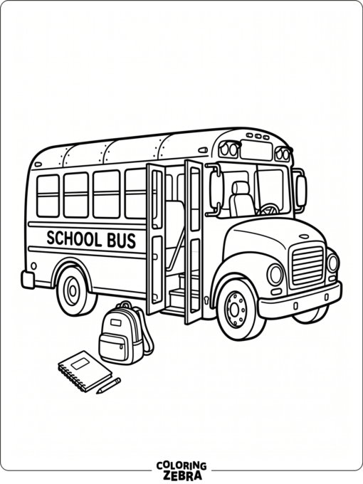A school bus with a backpack by the door