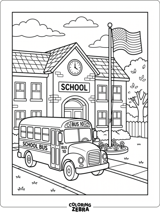 A school bus parked in front of a school