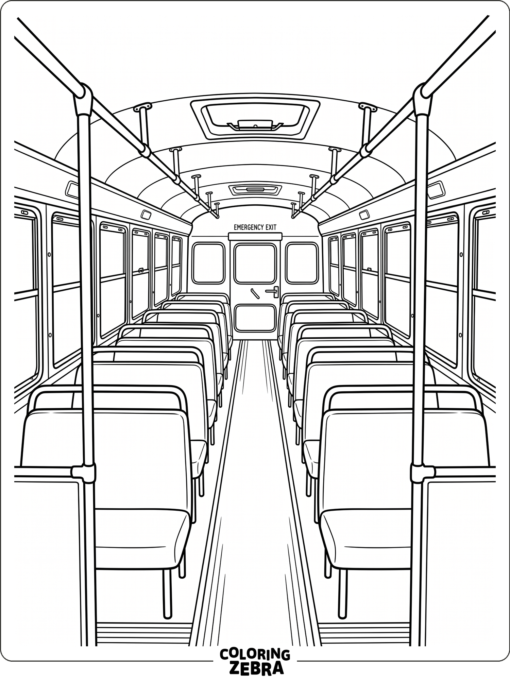 An empty school bus interior with windows and handrails