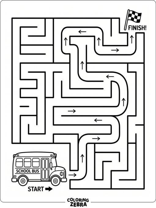 A school bus in a maze with arrows and turns