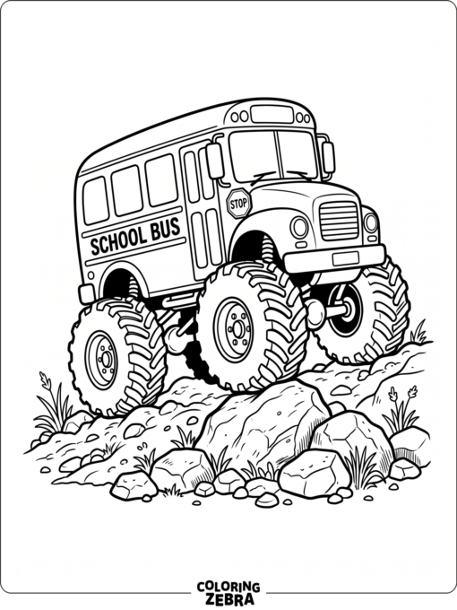 A school bus with giant wheels over rocks