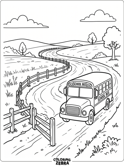 A school bus driving on a country road