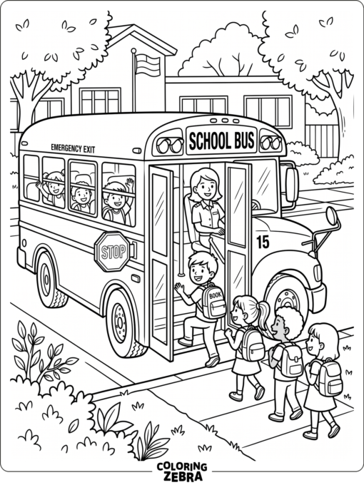 A school bus picking up students at the door