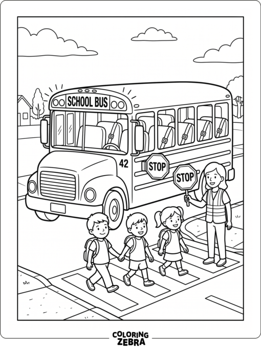A school bus with safety features and crossing kids