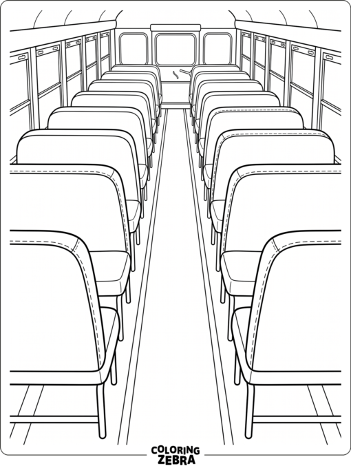 Rows of school bus seats with a center aisle