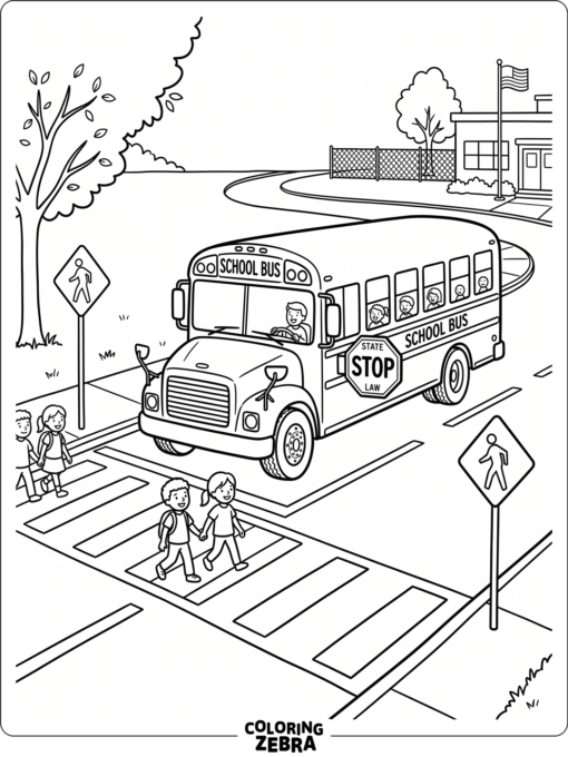 A school bus with its stop sign out by a crosswalk