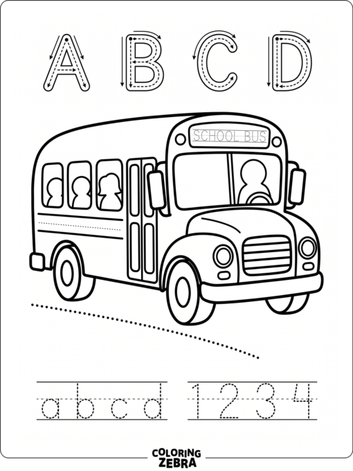 A school bus with tracing lines and alphabet letters
