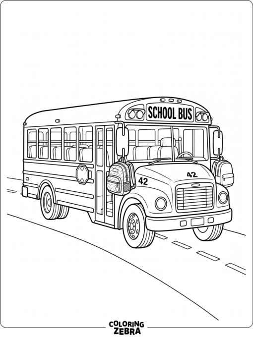 A school bus with backpacks hanging outside